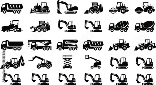 Construction machinery silhouettes, heavy equipment icons, industrial vehicle set, black vector illustration, excavator, crane, loader, truck, roadwork tools