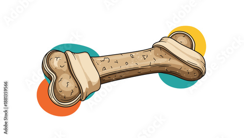 Stylized cartoon illustration of a dog bone with textured details set against vibrant orange, blue, and yellow circular shapes.