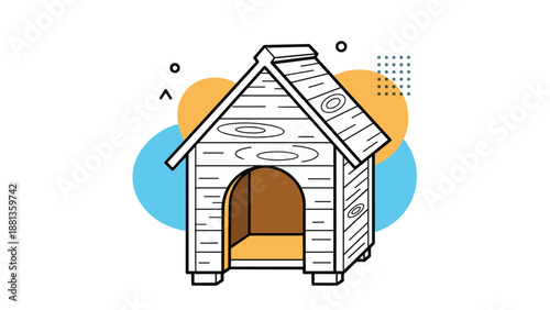 Traditional wooden dog house illustration with a classic gabled roof set against an abstract background of colorful circles and patterns.