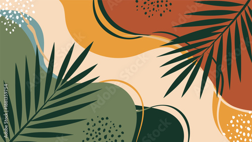 Abstract tropical background featuring earthy tones, organic shapes, dotted patterns, and dark green palm fronds for a modern aesthetic.