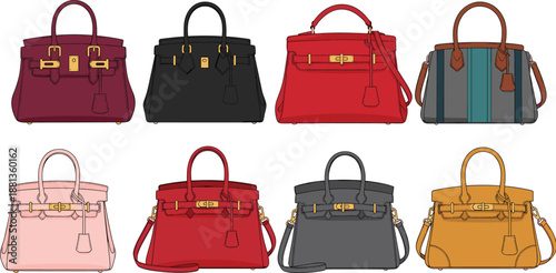 Luxury handbag collection illustration, designer women purse set, fashionable leather shoulder tote bags, elegant accessories, flat vector design pack