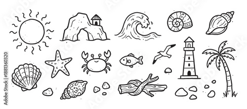 Set of hand-drawn beach themed doodles featuring a sun, crab, lighthouse, palm tree, wave, and seashells in a cute monochrome line art style for summer vacation concepts