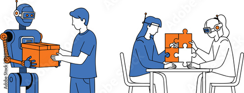 Human robot collaboration concept, artificial intelligence teamwork, virtual reality puzzle solving, automation support, futuristic workplace, digital transformation illustration