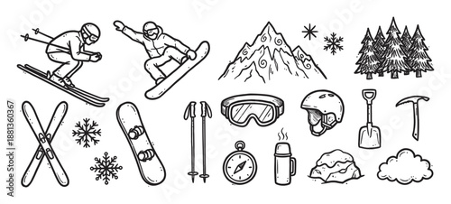 Hand-drawn winter sports and mountain adventure icons featuring a skier, snowboarder, equipment, and nature elements in a black and white doodle style illustration set