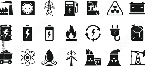 energy industry icon set, power generation oil gas nuclear renewable symbols, electricity technology collection, black silhouette vector design, isolated background