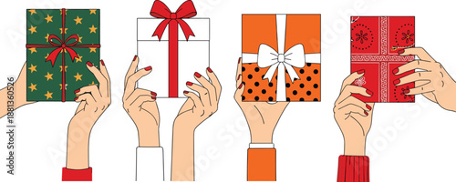 hands holding gift boxes illustration, colorful wrapped presents collection, festive holiday shopping concept, celebration surprise vector, isolated white background