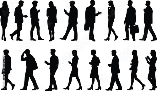Urban Professional Life Silhouette Set, Commuting and Working Silhouettes Collection, Diverse Business People Interaction Graphics, Busy Professional Crowd Silhouette, vector, illustration, silhouette
