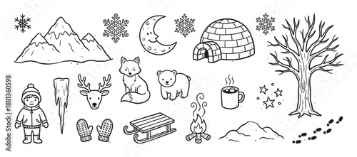 Collection of hand-drawn winter doodles featuring a cute fox, polar bear, igloo, mountains, and other seasonal elements in a charming black and white line art illustration style