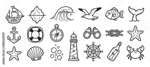 Collection of hand-drawn nautical icons featuring a ship, anchor, lighthouse, and marine animals in a simple black and white doodle style for seafaring and adventure themes