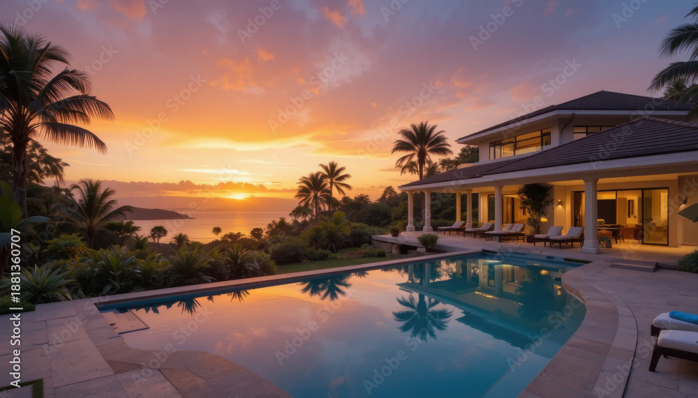 Fototapeta premium A luxurious house with a pool overlooking the ocean at sunset