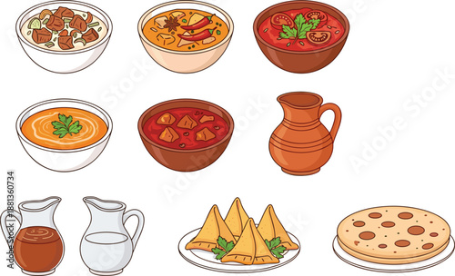 indian food illustration set, traditional curry bowls and snacks, samosa naan and sauces, colorful flat design, isolated white background