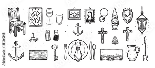 Collection of hand-drawn rustic icons featuring furniture, dinnerware, nautical symbols, and vintage decor elements in a black and white doodle style for various design projects