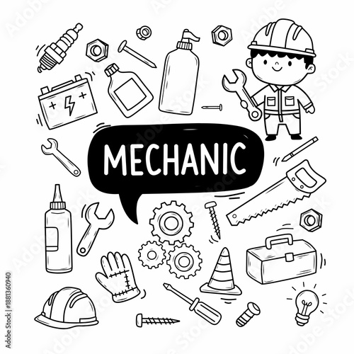 Cartoon Mechanic Illustration with Repair Tools and Icons