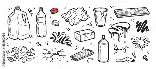 Hand-drawn set of urban grunge elements and trash icons, featuring a plastic bottle, spray can, cigarette butt, and graffiti drips in a sketchy line art style