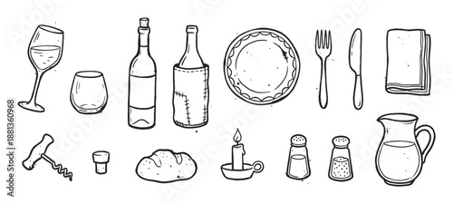 Hand-drawn doodle illustration set of various restaurant and dining elements including wine, bread, and cutlery in a sketchy monochrome line art style