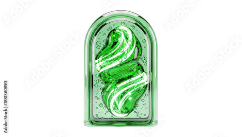 Green Swirl Object in Glass Container with Bubbles
