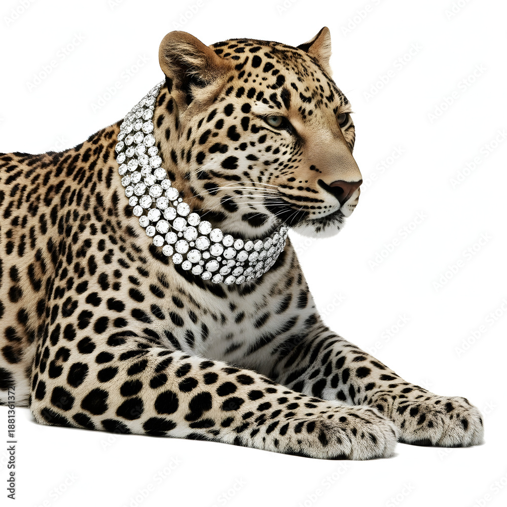Obraz premium A glamorous leopard naps in royal calm, draped in a diamond necklace, blending wild beauty with luxe fashion vibes, soft light, and queen energy in a dreamy, elegant scene