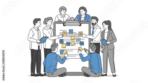 Teamwork planning session with sticky notes on a whiteboard