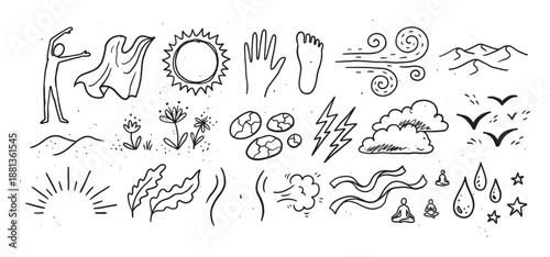 Set of hand-drawn doodle icons representing nature, weather, and spiritual elements in a simple black and white line art style, showing sun, wind, water, and meditation symbols