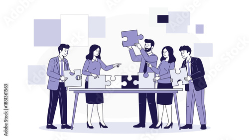 Teamwork puzzle collaboration, business people assembling jigsaw pieces at table