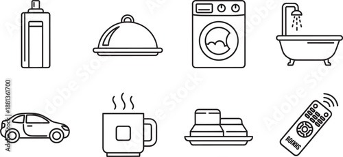 Set of vector outline icons of various household items and appliances