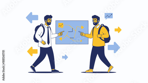 Two men discussing a roadmap or strategy on a whiteboard