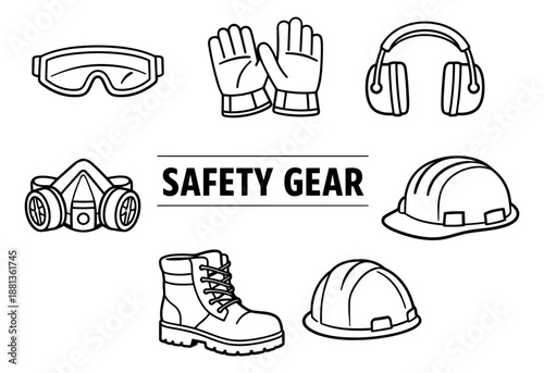Hand drawn line art safety gear set featuring safety goggles, work gloves, ear defenders, a respirator mask, a work boot, and hard hats for worker protection