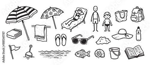 Hand-drawn black and white beach vacation icons set with a sun umbrella, lounge chair, sunglasses, and seashell in a simple doodle style illustration for summer holiday concepts