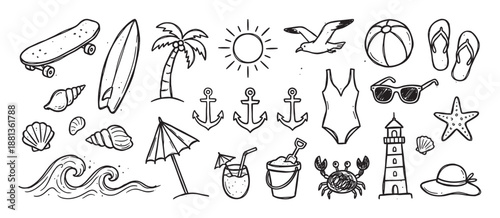 Hand drawn black and white doodle set of summer beach vacation icons including a surfboard, palm tree, swimsuit, and sunglasses in a cute sketchy line art illustration style