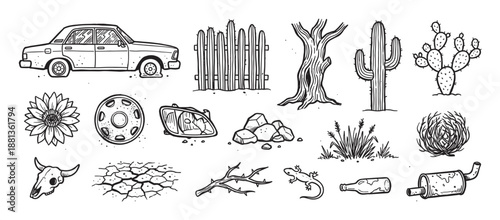 Hand-drawn black and white desert icon set featuring an abandoned car, cactus, animal skull, and other western elements in a graphic sketch style