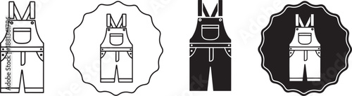 Baby clothing icons set featuring denim overalls and emblem designs