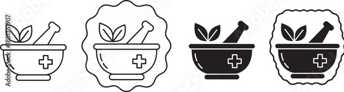 Mortar and pestle symbols for pharmacy herbal medicine and natural remedy