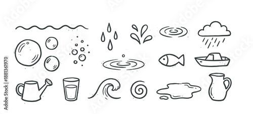 Collection of black and white water icons hand-drawn in a minimalist doodle style, showcasing symbols like waves, rain, bubbles, a fish, boat, puddle, and a watering can