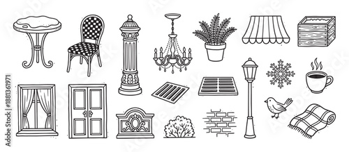 Hand-drawn collection of cozy urban elements featuring a bistro table, chair, lamppost, and winter items like a snowflake and hot coffee, rendered in a simple black line art style
