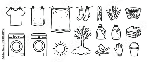 Set of hand-drawn laundry icons including a washing machine, clothesline, detergent, and basket in a simple black and white doodle style for household chore concepts