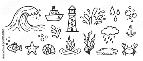 Collection of hand-drawn nautical doodles featuring a wave, ship, lighthouse, crab, and other sea life elements in a simple black and white line art sketch style for design