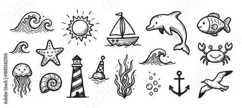 Collection of hand-drawn nautical icons featuring various sea life and summer symbols in a cute, playful doodle style with a dolphin, crab, sailboat, and lighthouse