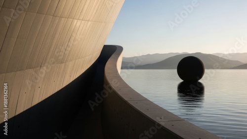 Modern concrete architecture curves towards a dark sphere floating on calm water at sunset.