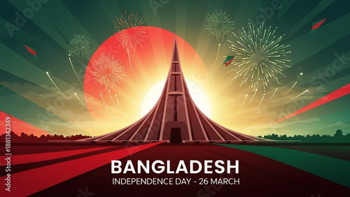 Independence day celebrations in bangladesh with fireworks and monument