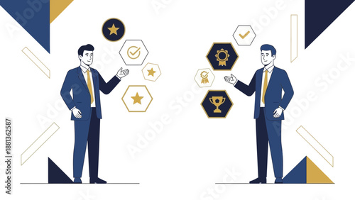 Businessmen discussing quality and success with awards and achievements