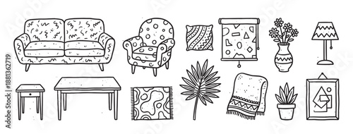 Hand-drawn set of doodle furniture and home decor items including a sofa, armchair, table, and lamp in a simple black and white line art illustration style for interior design concepts
