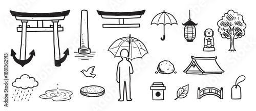 Hand-drawn collection of Asian cultural symbols including a traditional gate, lantern, Buddha statue, and nature elements in a black and white doodle illustration style
