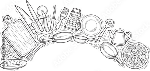 Kitchen utensils line art doodles set vector illustration cooking tools