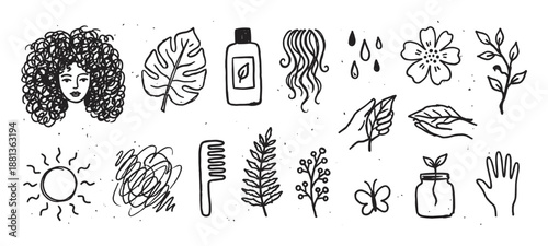 Hand drawn black and white icon set with a woman with curly hair, plants, and beauty products for natural hair care concepts, illustrated in a simple doodle style collection
