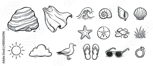 Large group of summer vacation doodles including a seagull, sunglasses, flip-flops, seashells, and a wave, all drawn in a charming monochrome sketch illustration style