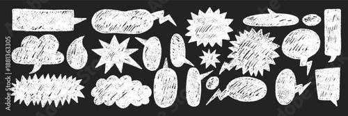 Funky text boxes, cloud, star and heart with grungy organic textures. Rough speech bubbles painted by crayon. White vector illustration on a blackboard.