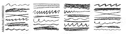 Chalk lines, charcoal highlight strokes doodle set. Kids hand drawing doodle charcoal squiggles, chalk curly lines. Grunge vector illustration isolated on a white background.