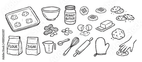 Hand-drawn black and white baking illustrations set with cookies, flour, sugar, peanut butter, eggs, and kitchen utensils for a homemade recipe concept in a doodle style