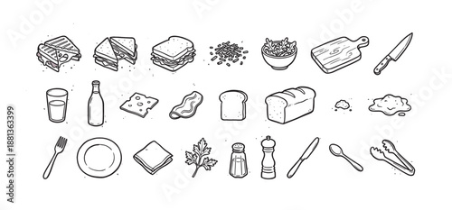 Hand-drawn icon set of food and kitchen items like sandwiches, bread, salad, cheese, and utensils, illustrated in a charming black and white doodle line art style