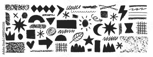 Set of y2k shapes with hand drawn texture of crayon, pastel or chalk. Grid, heart, moon and arrow in sketch style. Black vector illustration on a white background.